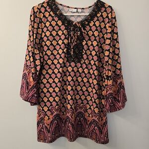 Kim Rogers 3/4-Sleeve Black/Orange Tunic-Style Shirt - Exc. Condition - Size L 1